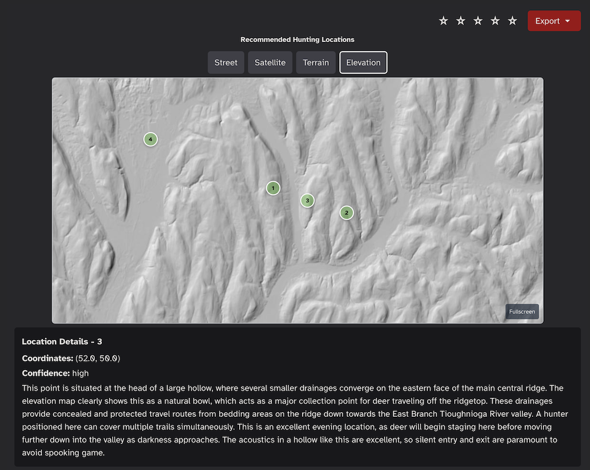 GameSearch-AI results page showing spots in a map with descriptions of the locations.