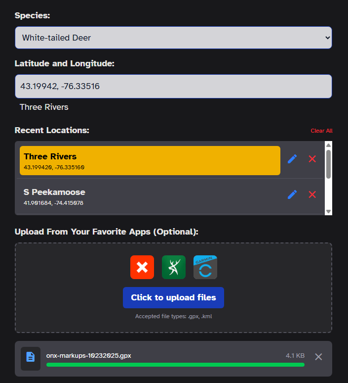 Upload waypoints to GameSearch-AI using the 'Click to upload files' button.